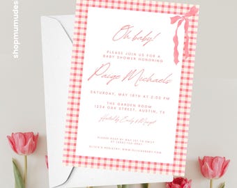Pink Gingham Baby Shower Invitation | Bow Template (Digital Download)