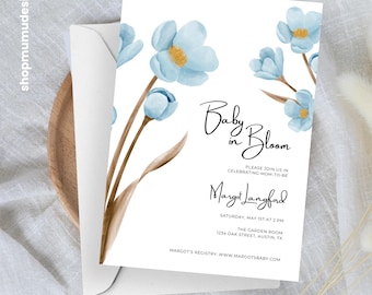 Blue Floral Baby Shower Invitation | Watercolor Flowers (Canva Template, 5x7)