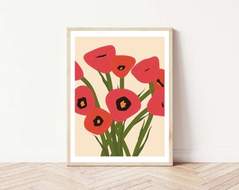 Könnte beinhalten: Eine digitale Illustration eines Straußes roter Blumen mit schwarzen Zentren auf einem hellpfirsichfarbenen Hintergrund.