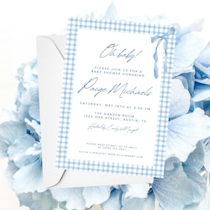 Babypartyeinladung | O Schätzchen! | Blau Gingham Vorlage | Druckbare Junge-Babyparty einladen | Sofortdownload | Leinwand