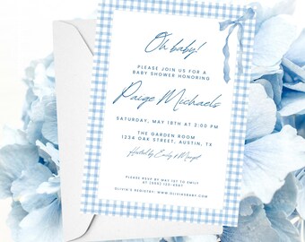 Blue Gingham Baby Shower Invitation | Editable Canva Template (Instant Download)