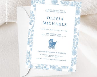 Blue Floral Baby Shower Invitation | Vintage Pram Canva Template (5x7 Instant Download)