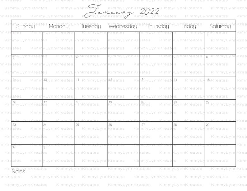 2022 Simple Cursive Calendar Printables - Etsy