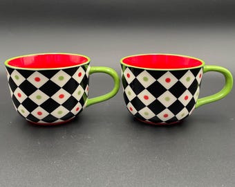 Pier 1 Harlequin Stoneware Mugs, Brightly Colored Coffee/Tea Pair