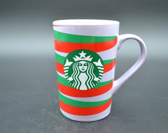 Starbucks Purple Holiday Ceramic Red & Green Striped Coffee/Tea Cup Mug 11oz