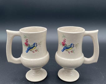 Stoneware Vintage Transferware  Pedestal Blue Birds Initialed 79' Pair of 2 Coffee/Tea Mugs