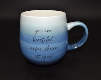 Mary Square Blue Ombre Ceramic Mug, Gold Foil "You Are Loved" Sentiment