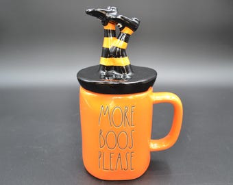 Halloween Rae Dunn "More Boos Please" Mug with Witch Legs Topper