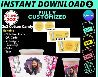 Cotton Candy tub label template,  60g Blank Wrapper Template, cotton candy wrapper For Birthday Favors
