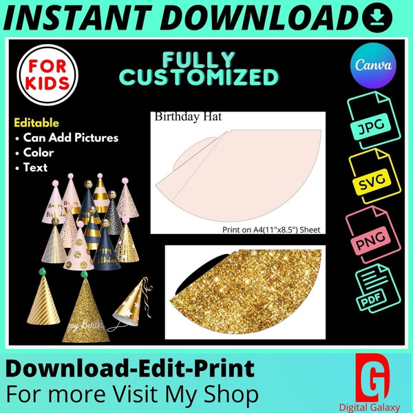 Party hat template, Birthday hat template, Cone hat, Paper hat, Birthday party hat Template