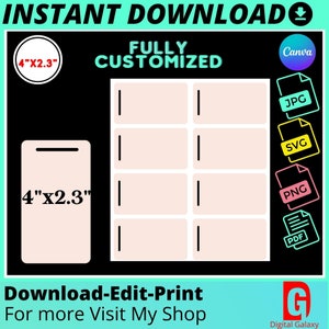 May include: A digital download of four 4x2.3 inch printable gift tags. The tags are customizable and can be saved in JPG, SVG, PNG, and PDF formats. The text on the image reads "Instant Download", "Fully Customized", "Download-Edit-Print", "For more Visit My Shop", and "Digital Galaxy".