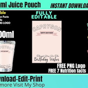 Juice Pouch Label Template 200ml, Blank Label Template, Editable Juice pouch Template, Chip Bag Template. Party Template