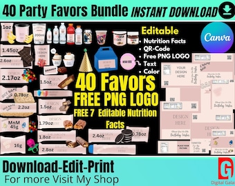 40 Party Favor Templates Editable Labels Bundle Digital Download