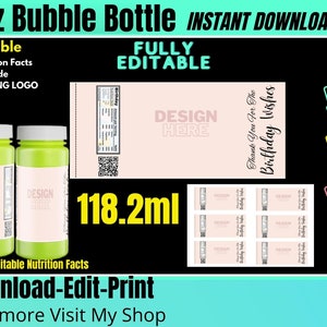 Bubble bottle label template 4oz, blank label template, DIY, Party, Decorations