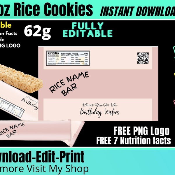 Reis Crispy Template 2,2oz, 62g Reis Cookies Wrapper Template, Reis Slime, Reis druckbar mit KOSTENLOSEN Nährwertangaben und PNG LOGO