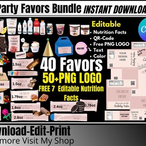 Party Favor Templates , Template Bundle , Party Favors, Chip Bag Template , juice pouch Labels , Chocolate Bar Wrapper Template