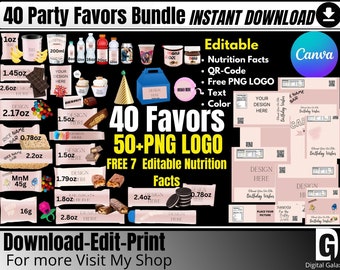 Party Favor Template Bundle 37, Save Bundle, Chipbeutelvorlage, Wasserflaschenetikett, Saftbeuteletikett, Schokoladenriegelverpackung, Vorlagenbündel