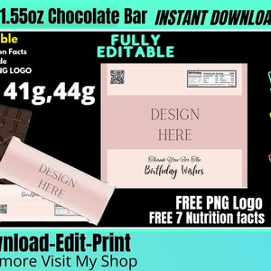 Chocolate bar wrapper template, Chocolate bar 1.45 Ounce to 1.55 Ounce, 40 Gram for Birthday favors, party favors