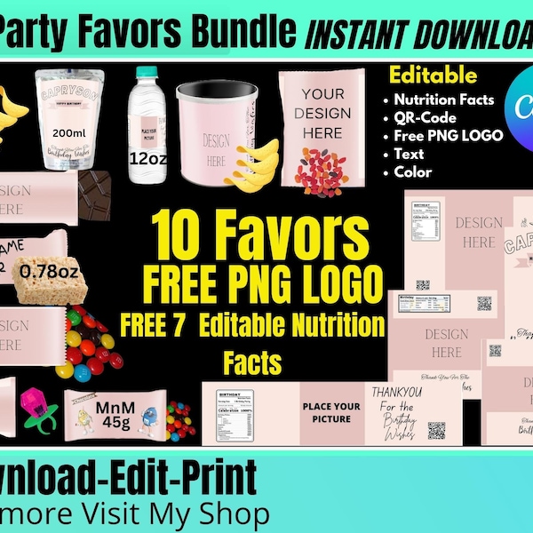 Party Favor Templates Digital Bundle Party Favors and Chip Bag template and Capri Sun Labels-Harsheys Bar chocolate Template-Save bundle