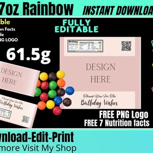 Rainbow Wrapper Template 2.17oz, Color full Candy Wrapper Template with FREE Nutrition Facts and PNG logo