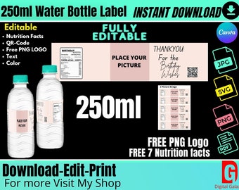 Water Bottle Label Template 250ml, 8 oz. instant Download Personalized Water Bottle Wrapper Template PNG PDF JPG