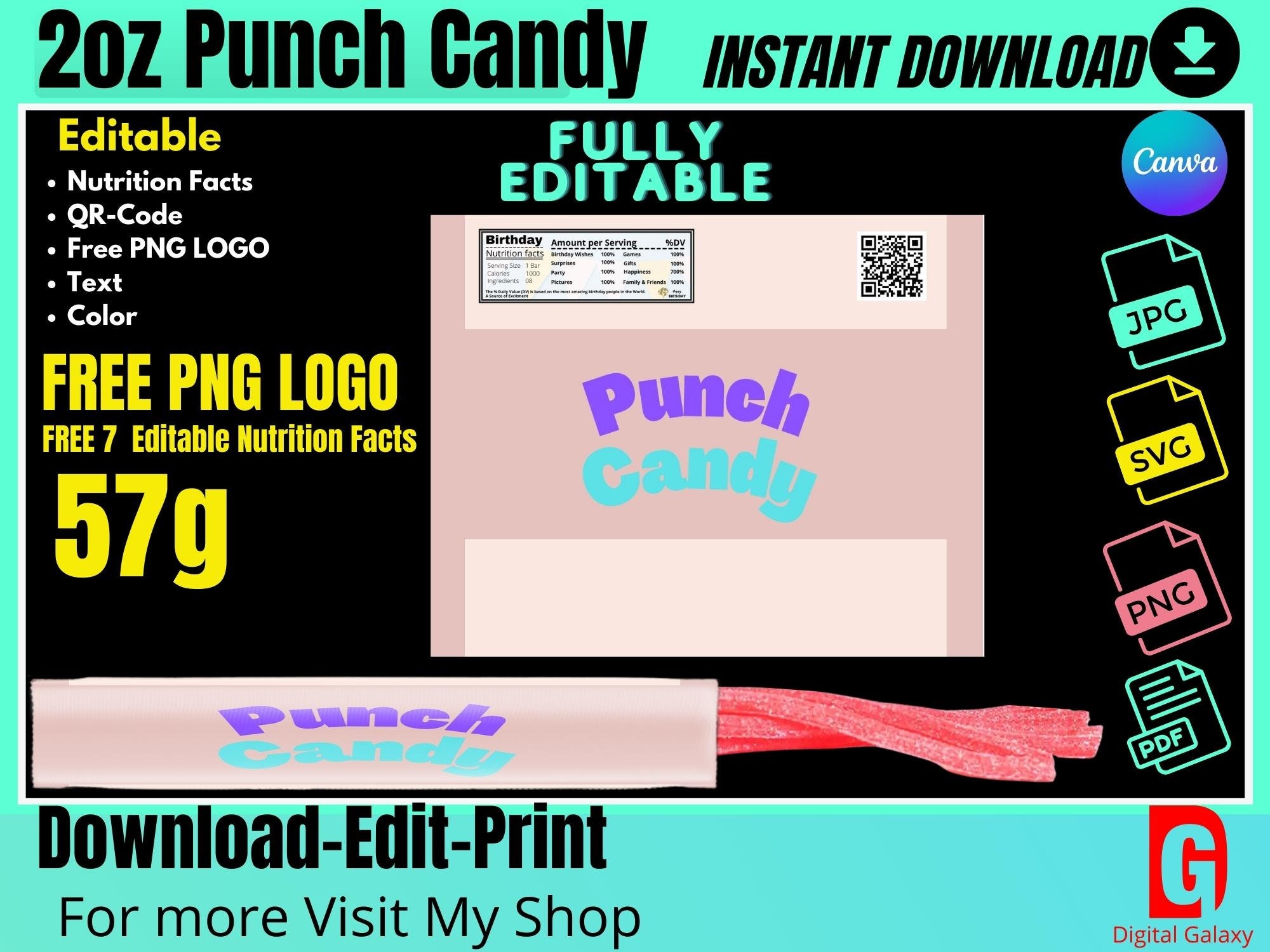 Sour template Straws Candy 2oz 57g Blank Wrapper Template with Nutrition Facts, Sticker Label, PNG, SVG