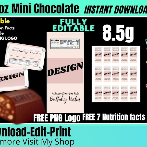 Mini Chocolate candy, Mini 0.3 oz, Wrapper Template With FREE Nutrition Facts and PNG Logo