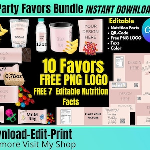 Party Favor Template Bundle 10, Save Bundle, Chip bag template, Water bottle label, Juice pouch label, Chocolate bar wrapper