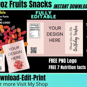 Fruit Snack Template, Digital Download, Digital Template + 7 Nutrition Facts + Free PNG Logo