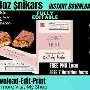 Op de afbeelding: Bewerkbare 1,8 oz snoepreepverpakkingssjabloon met een roze achtergrond en de tekst "Design Here" en "Thank You For The Birthday Wishes". De sjabloon bevat een gratis PNG-logo en 7 voedingswaarden. De afbeelding toont ook een chocolade reep met een karamelvulling.