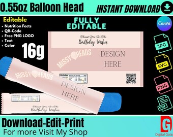 Balloon head wrapper template 12g, Head printable, Customized Head template With FREE Nutrition Facts And LOGO