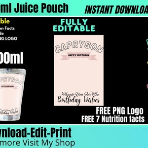 Juice Pouch Template, Juice Bag Pouch Label Template, Free PNG logo and Nutrition Facts