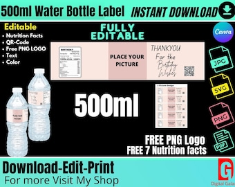 Water Bottle Labels Template 500ml, 16.9oz instant Download Water Bottle Personalized Wrapper Template FREE Nutrition Facts