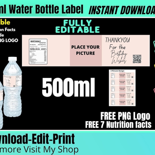 Water Bottle Labels Template 500ml, 16.9oz instant Download Water Bottle Personalized Wrapper Template FREE Nutrition Facts