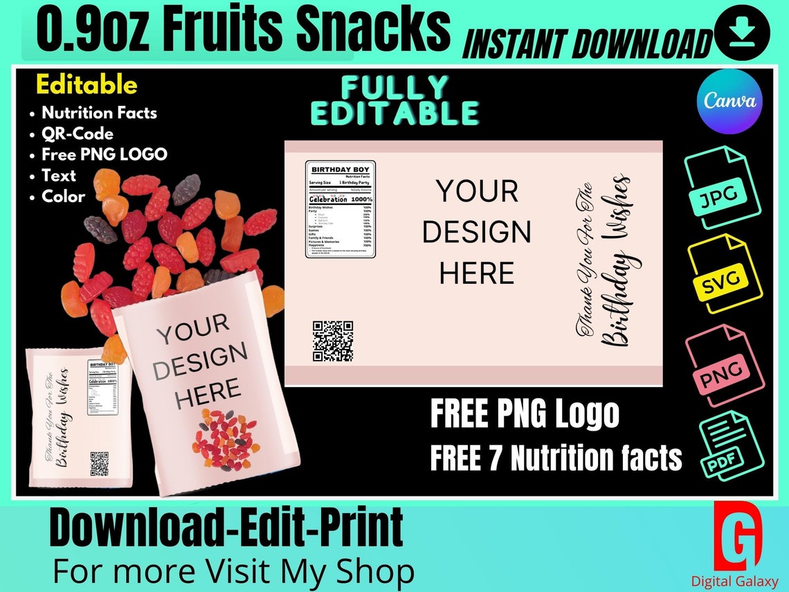 Fruit Snack Label Template Editable Nutrition Facts, PNG Logo Digital ...