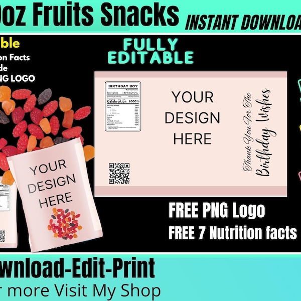 Fruit snack label, Fruit snack template, fruit snack candy birthday printable, Nutrition Fcats and PNG Logo Included