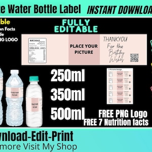water bottle label template, 8oz, 12oz, 16.9oz Instant download,  Editable Chip Bag Template, Chip bag Label, Potato Chip Bag Template