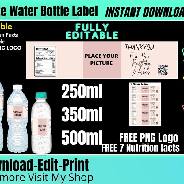 water bottle label template, 8oz, 12oz, 16.9oz Instant download,  Editable Chip Bag Template, Chip bag Label, Potato Chip Bag Template