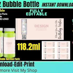 Bubble bottle label template 4oz, 118ml blank label template, DIY, Party, Decorations