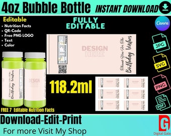 Bubble bottle label template 4oz, 118ml blank label template, DIY, Party, Decorations