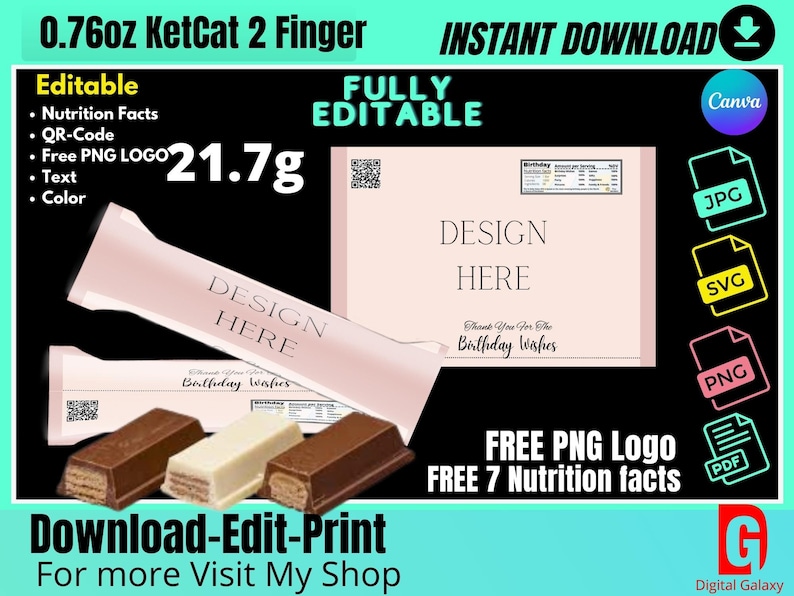 Kit Kat 2 finger wrapper template 20g, Chocolate bar candy wrapper