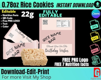 Rice Cookies Template 0.78oz, 22g, Rice crispy Wrapper Label Templates, Instant Download with FREE Nutrition Facts and PNG LOGO