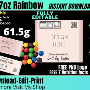 Rainbow Wrapper Template 2.17oz, Color full Candy Wrapper Template with FREE Nutrition facts and PNG logo
