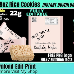 Rice Cookies Template, Rice Cookies Wrapper Label Templates, Instant Download with FREE Nutrition Facts and PNG Logo