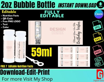 Bubble bottle Label Template 2 0z. ,  Bubble Bottle label, Bubble bottle printable label, chip bag template, juice pouch label, Rice krispy