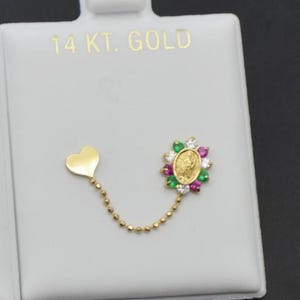 14K Yellow Solid Gold Multi Heart & Guadalupe Virgin double chain Earrings