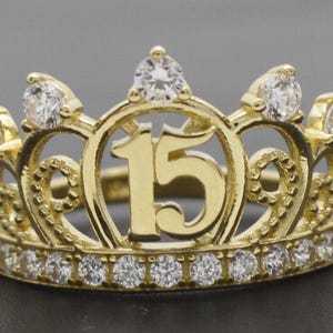 Real 10k Yellow Solid Gold 15 Year Años Quinceanera CZ Crown Ring 3gr 12.9mm