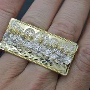 10K Solid Yellow Gold Men&#39;s Last Supper Two Finger Ring | Men&#39;s Jewelry Unique Gold Last Supper Ring | Solid 10k Gold Ring for Men