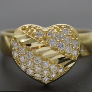 Real Solid 10k Yellow Gold Women Textured Heart CZ Engagement Ring All Sizes | Women Jewelry Unique Gold Ring | Solid Gold Ring for Ladies