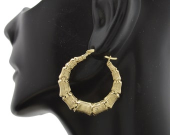 Real 10K Yellow Solid Gold Bamboo Design Hollow Hoop Earrings 29.3mm 2.9 gr | Women-Ladies Jewelry Earrings | Solid 10k Gold Hoop Earrings